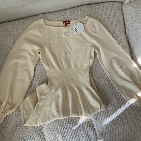 NWT New STAUD CLAUDE Sweater Knit Mini Long Sleeve DRESS Boat Neck BUTTERCREAM - Picture 7 of 12